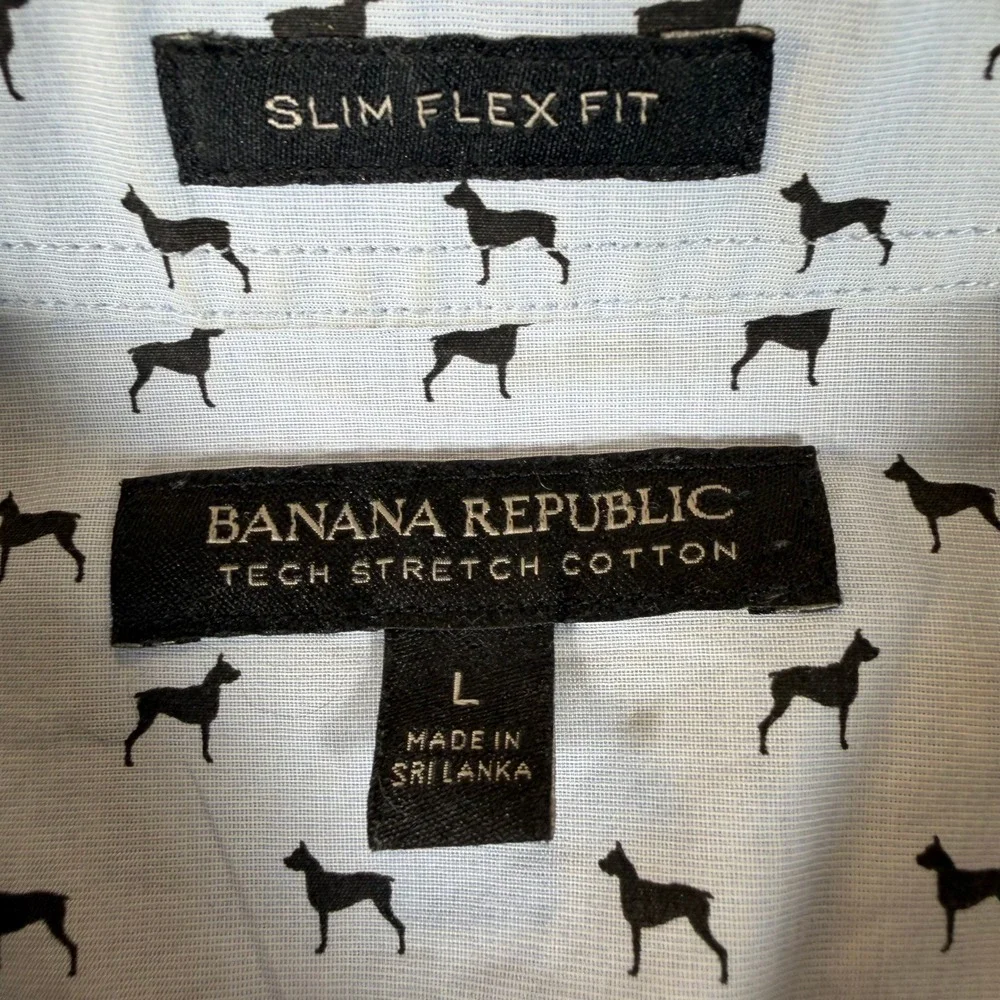 Banana Republic Mens Large Slim Flex Fit Tech Cotton Doberman Dog Shirt #3651